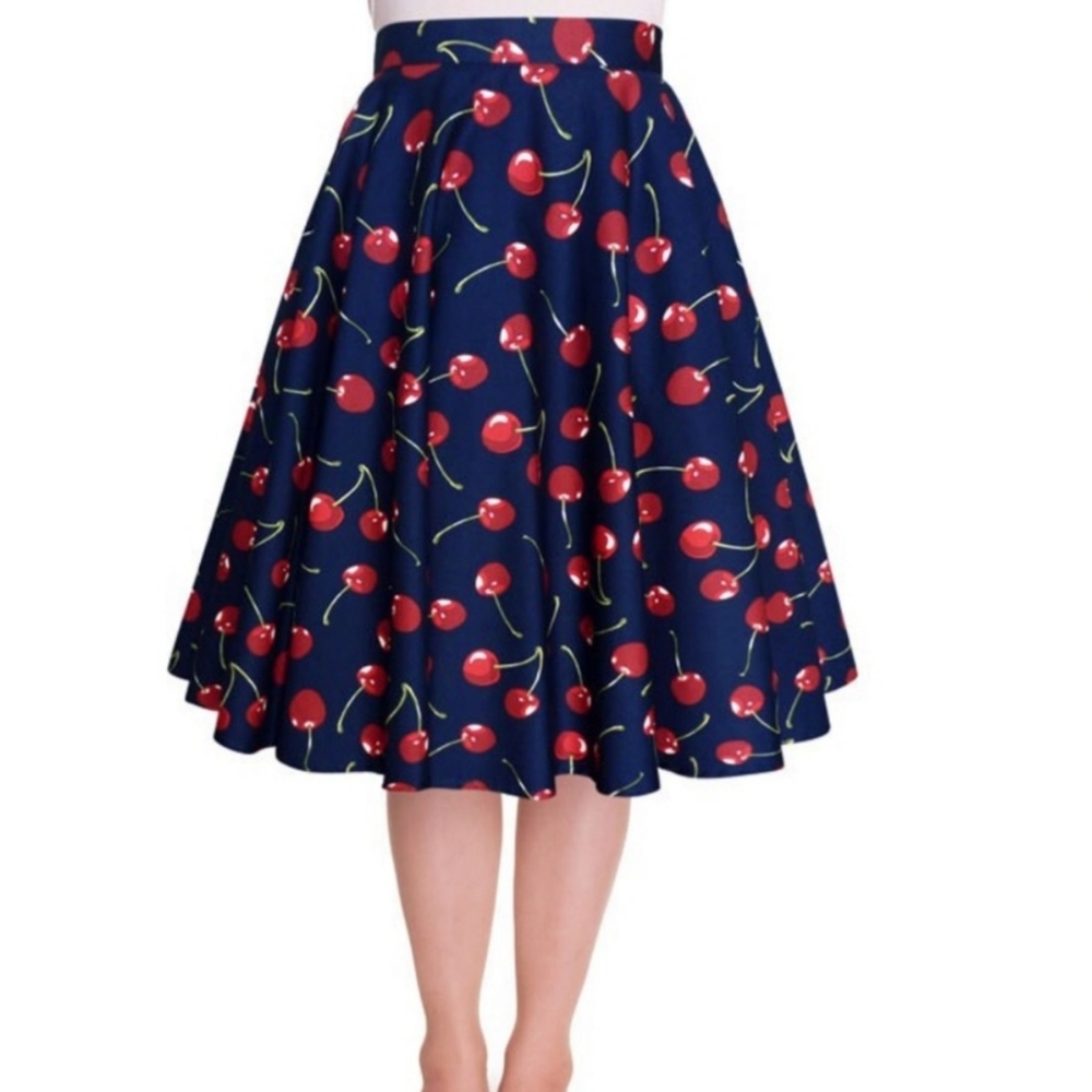 Talbots A-Line Skirt Plus Size 22W Navy Blue Retro Cherry Print Trumpet Hem